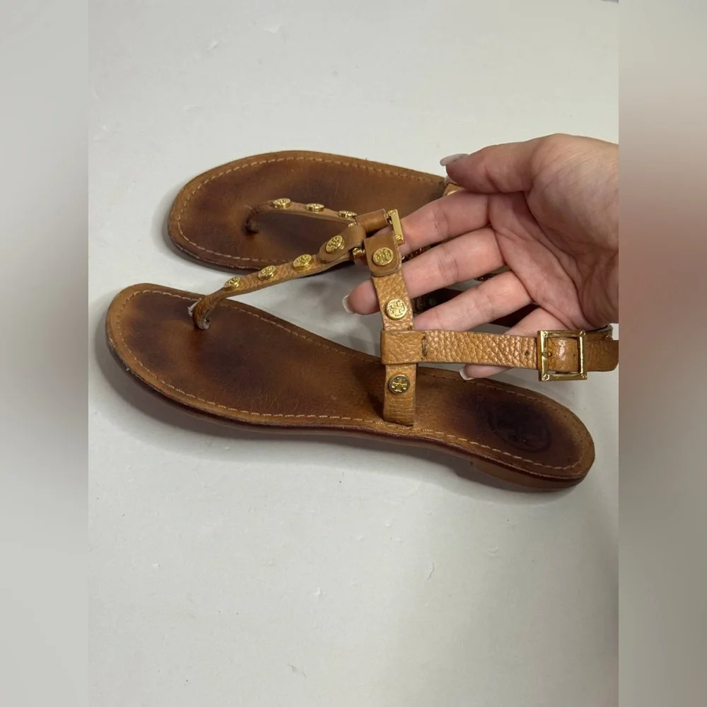 Tory Burch Womens Leather Ankle Strap Sandals Sz US 6 T Strap Logo